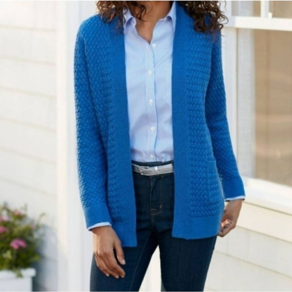 🔹️LL Bean Black Open Front Basket Weave Cardigan Sweater w/Pockets Medium